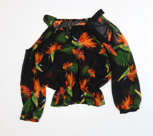 NEXT Womens Black Floral Polyester Tunic Blouse Size 8 Round Neck - Cold Shoulder