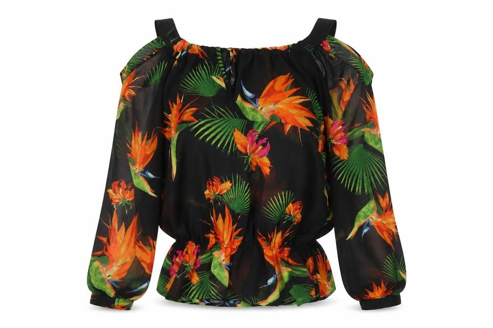 NEXT Womens Black Floral Polyester Tunic Blouse Size 8 Round Neck - Cold Shoulder