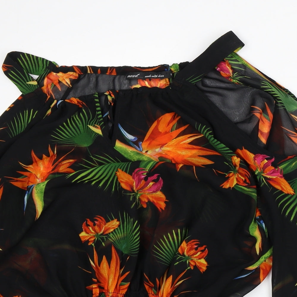 NEXT Womens Black Floral Polyester Tunic Blouse Size 8 Round Neck - Cold Shoulder