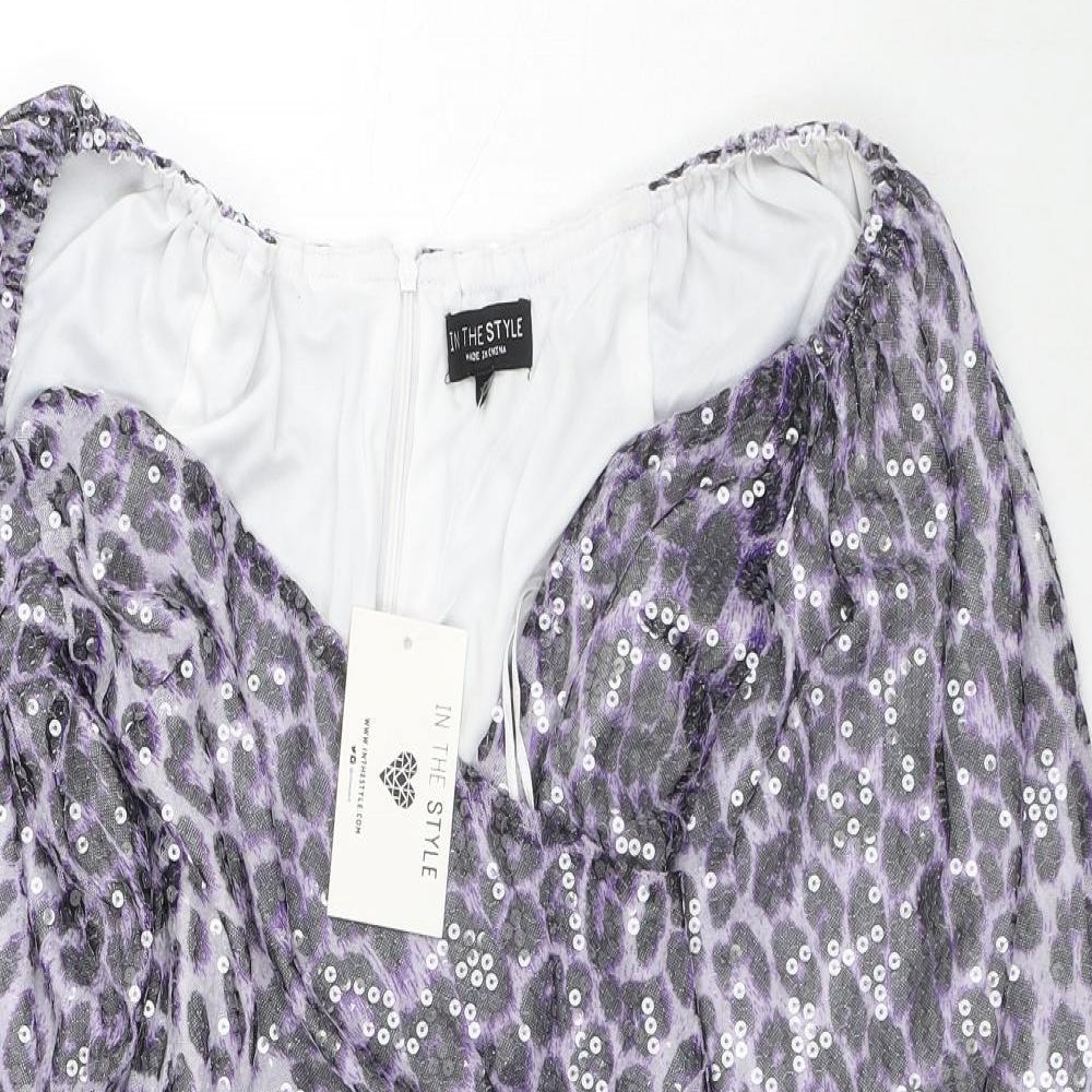 In the Style Womens Purple Geometric Polyester Pencil Dress Size 8 Off the Shoulder