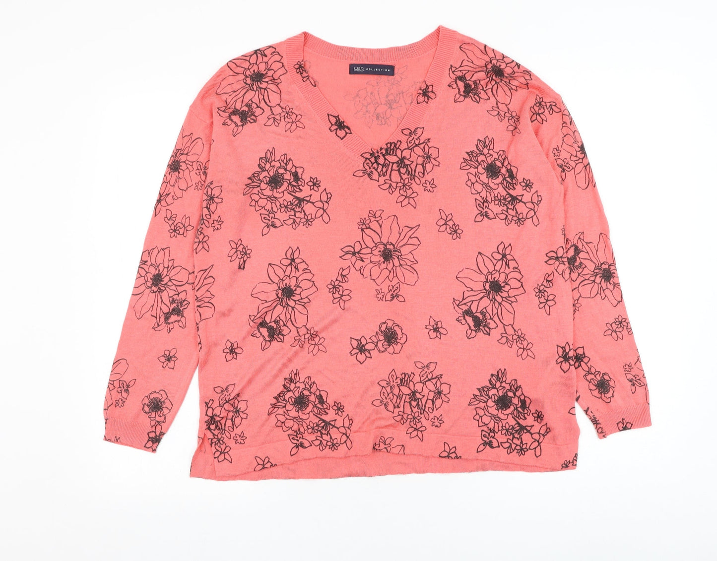 Marks and Spencer Womens Red V-Neck Floral Acrylic Pullover Jumper Size M