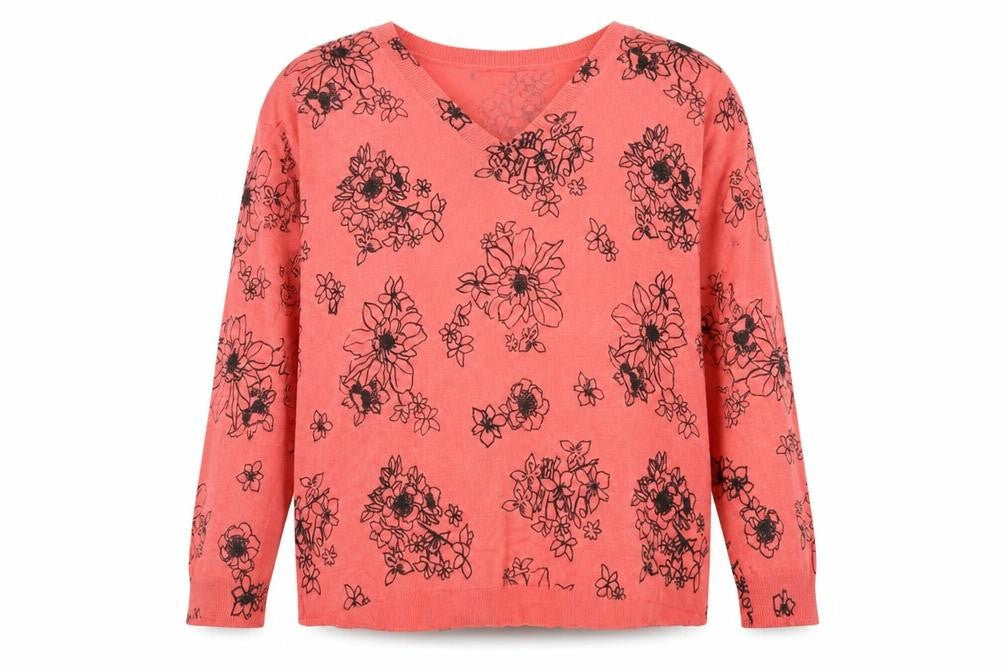 Marks & Spencer Womens Red V-Neck Floral Acrylic Pullover Jumper Size M