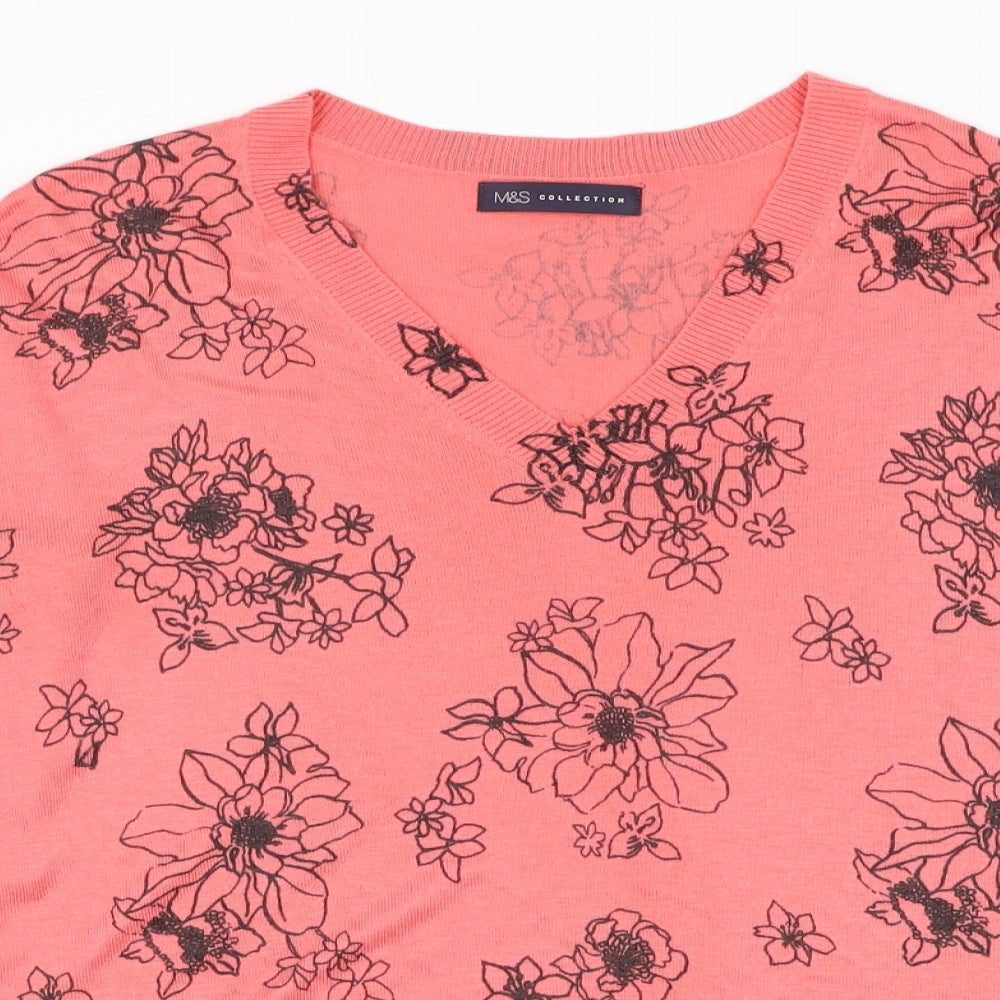 Marks and Spencer Womens Red V-Neck Floral Acrylic Pullover Jumper Size M