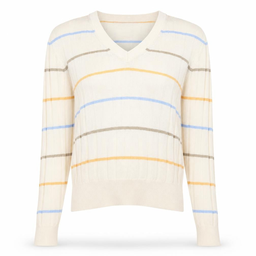 Marks & Spencer Womens Beige V-Neck Striped Polyester Pullover Jumper Size S