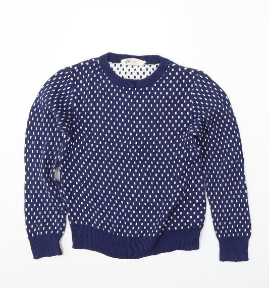H&M Girls Blue Round Neck Geometric Cotton Pullover Jumper Size 9-10 Years