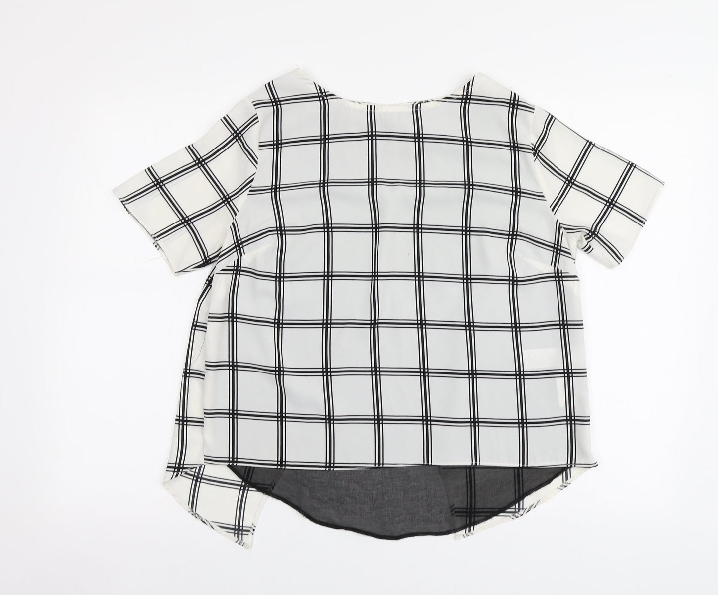 New Look Womens White Plaid Polyester Basic Blouse Size 10 Round Neck