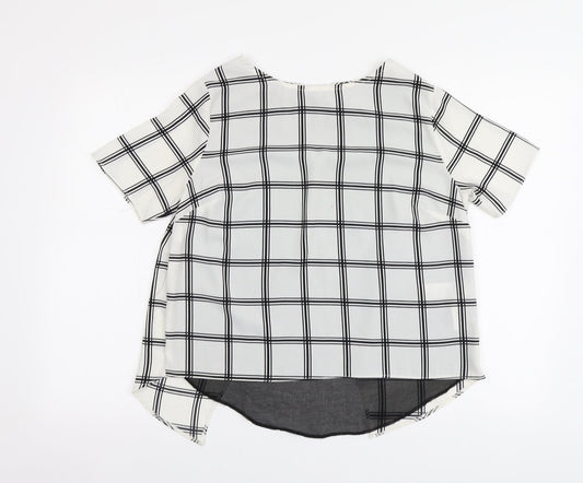 New Look Womens White Plaid Polyester Basic Blouse Size 10 Round Neck