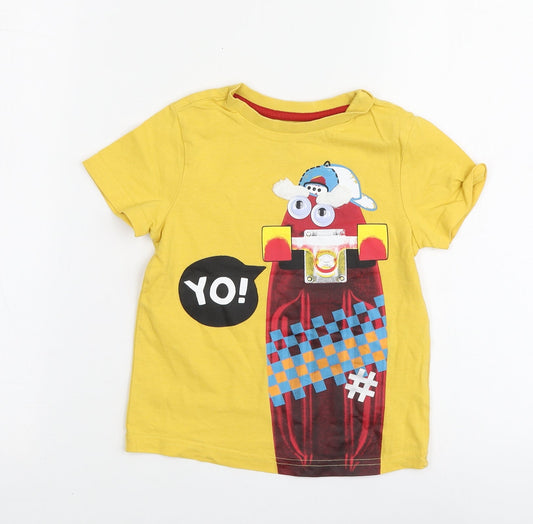 F&F Boys Yellow Cotton Basic T-Shirt Size 2-3 Years Round Neck - Skateboard