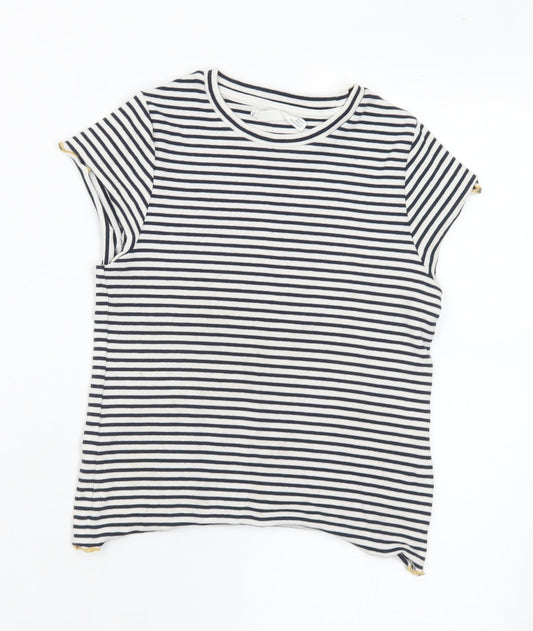 Marks and Spencer Girls Black Striped Cotton Basic T-Shirt Size 8-9 Years Round Neck