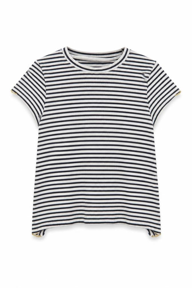 Marks & Spencer Girls Black Striped Cotton Basic T-Shirt Size 8-9 Years Round Neck