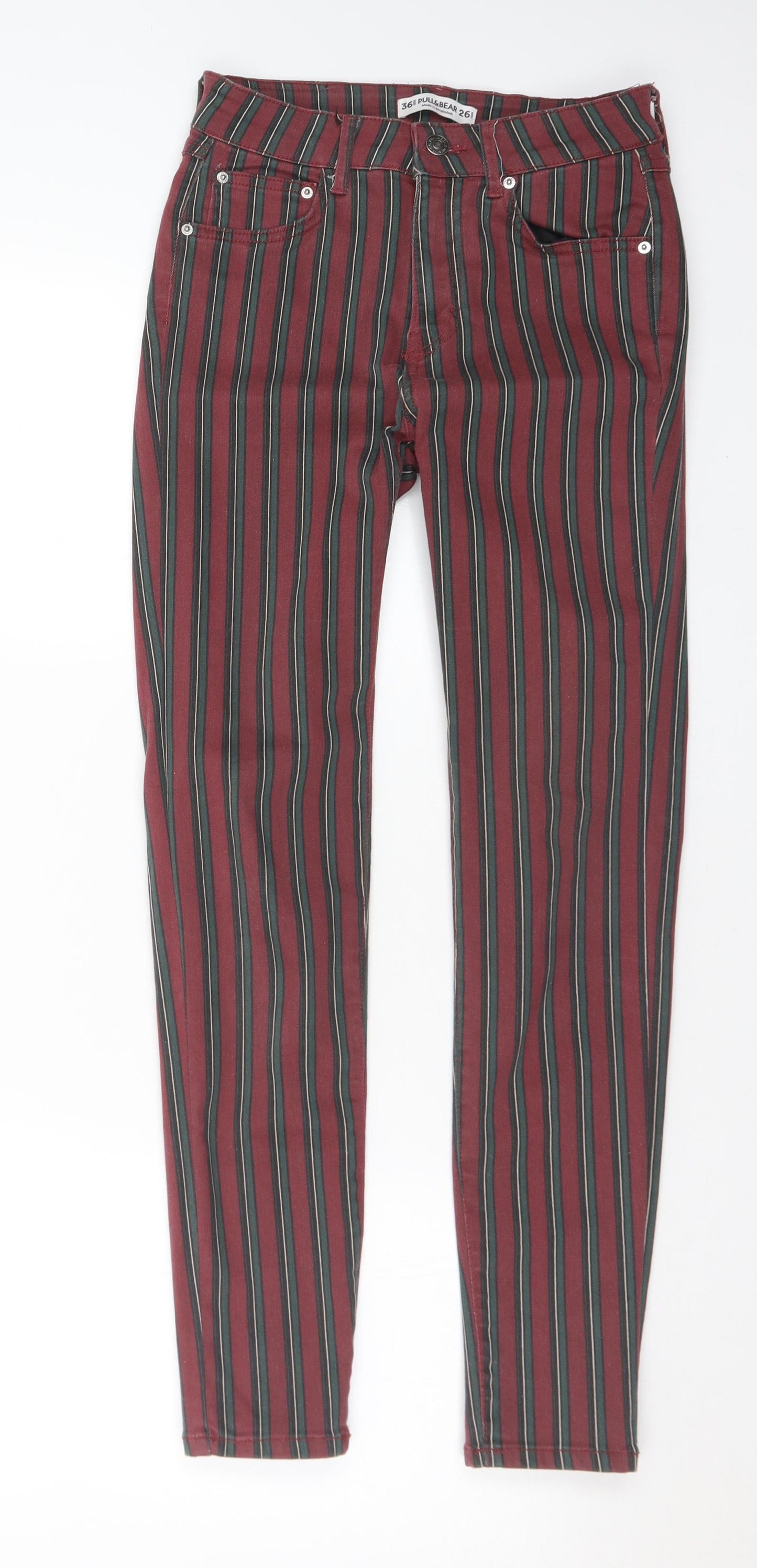 Pull&Bear Womens Multicoloured Striped Cotton Trousers Size 26 in L28 in Regular Button