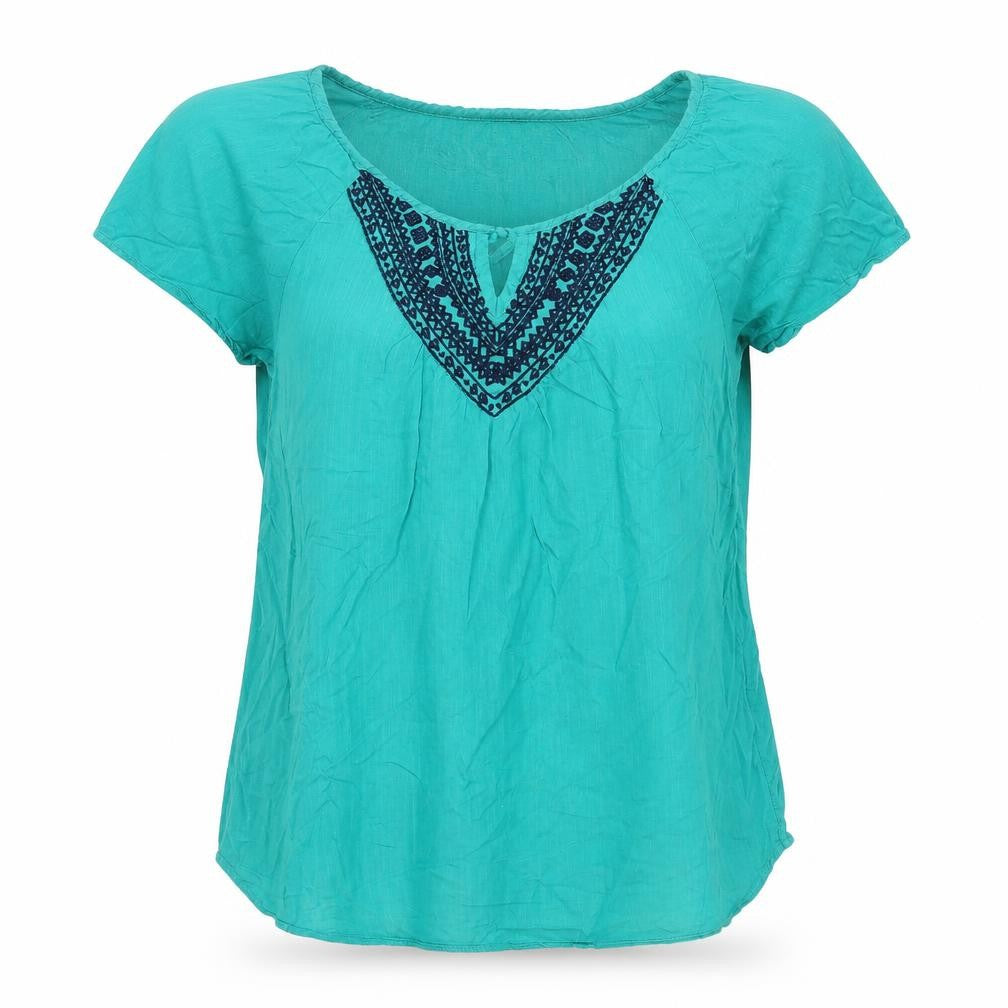 H&M Womens Green Geometric Cotton Basic Blouse Size 6 Round Neck
