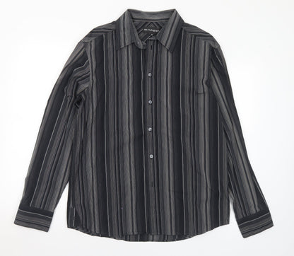 Marks & Spencer Mens Black Striped Cotton Button-Up Size M Collared Button