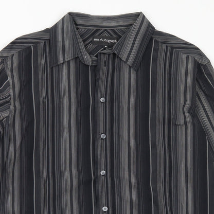 Marks & Spencer Mens Black Striped Cotton Button-Up Size M Collared Button