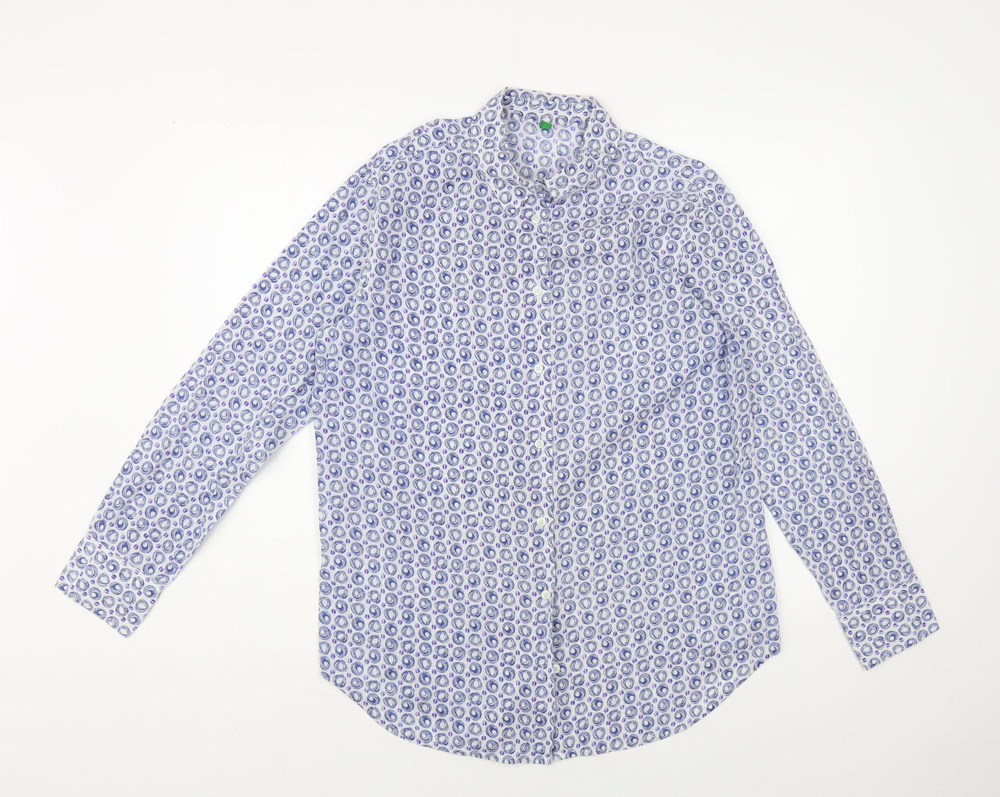 United Colors of Benetton Womens Blue Geometric Cotton Basic Button-Up Size M Collared