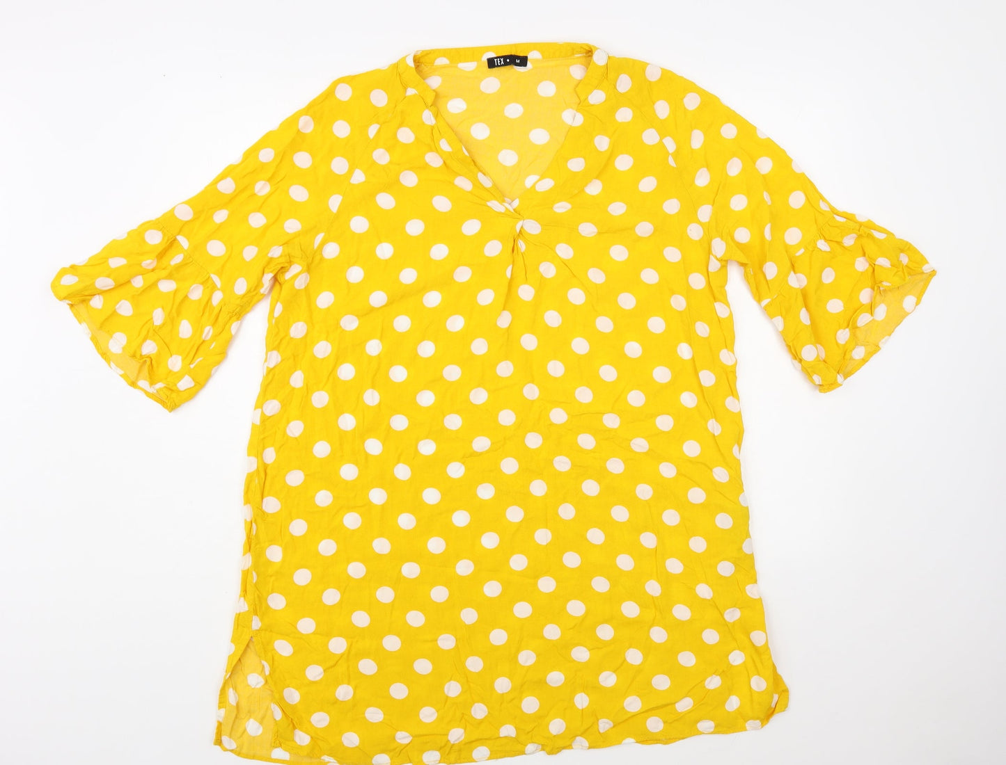 TEX Womens Yellow Polka Dot Viscose Tunic Blouse Size M V-Neck