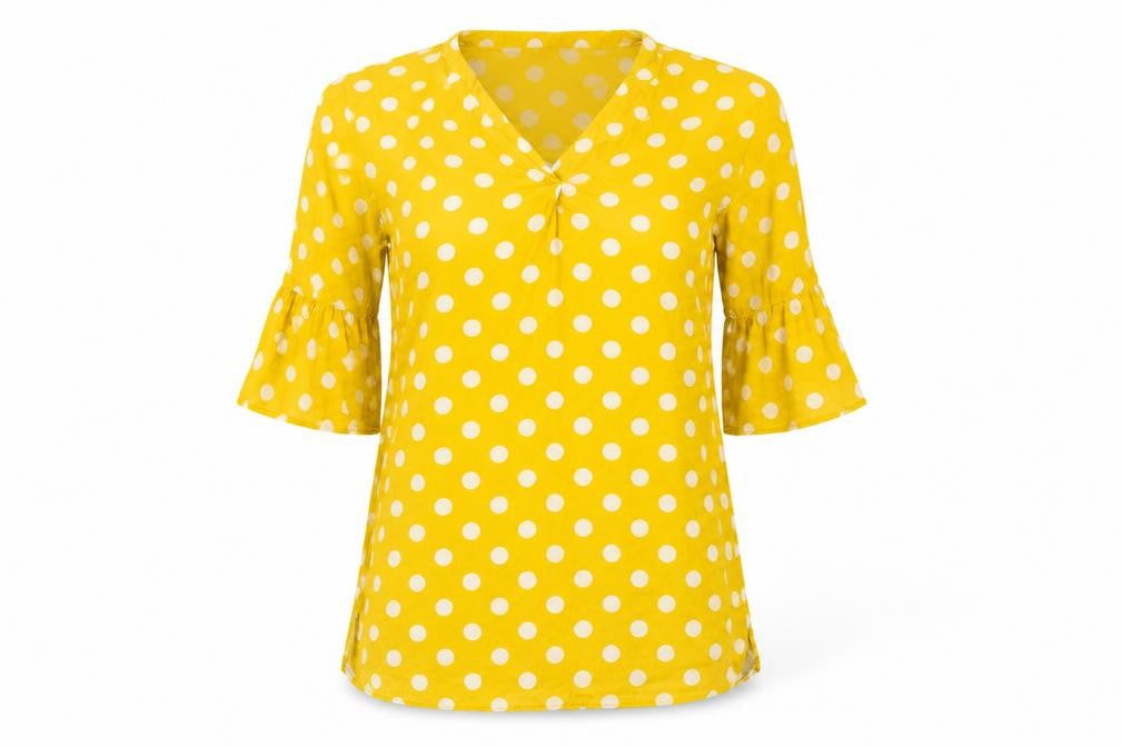 TEX Womens Yellow Polka Dot Viscose Tunic Blouse Size M V-Neck