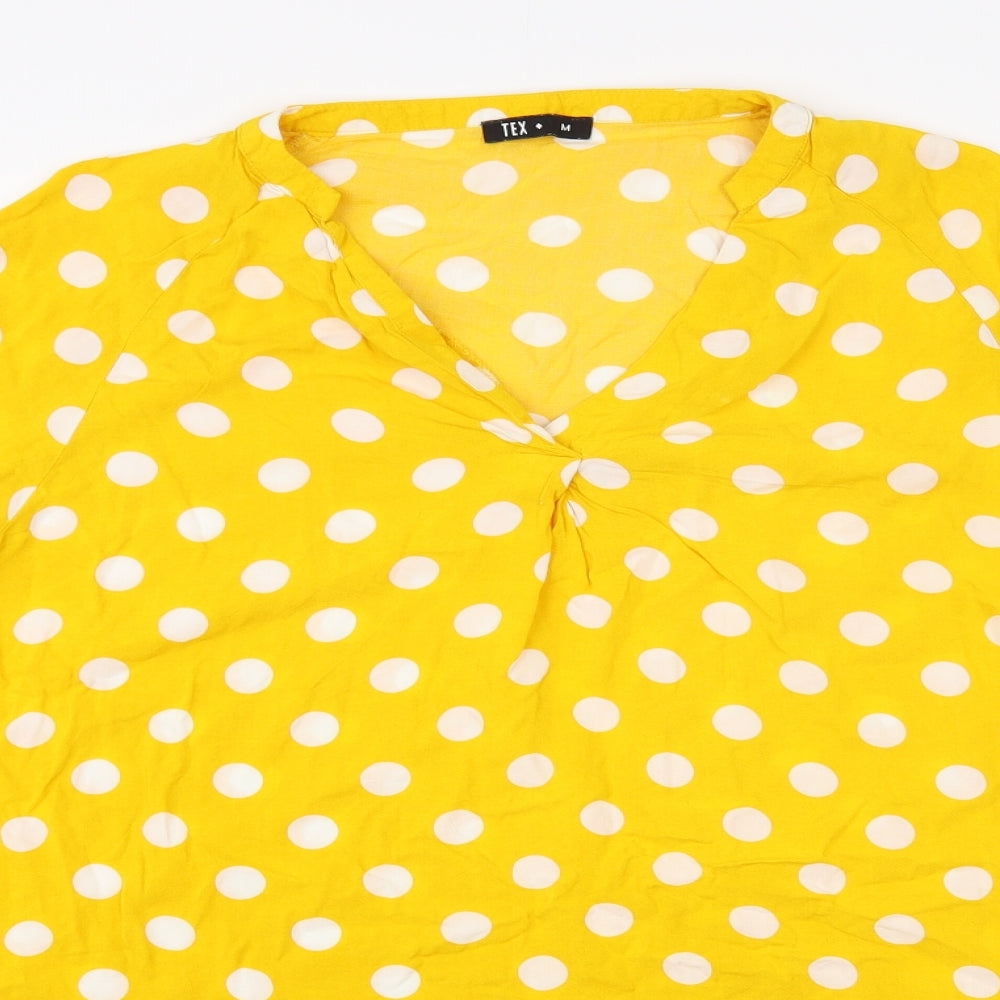 TEX Womens Yellow Polka Dot Viscose Tunic Blouse Size M V-Neck