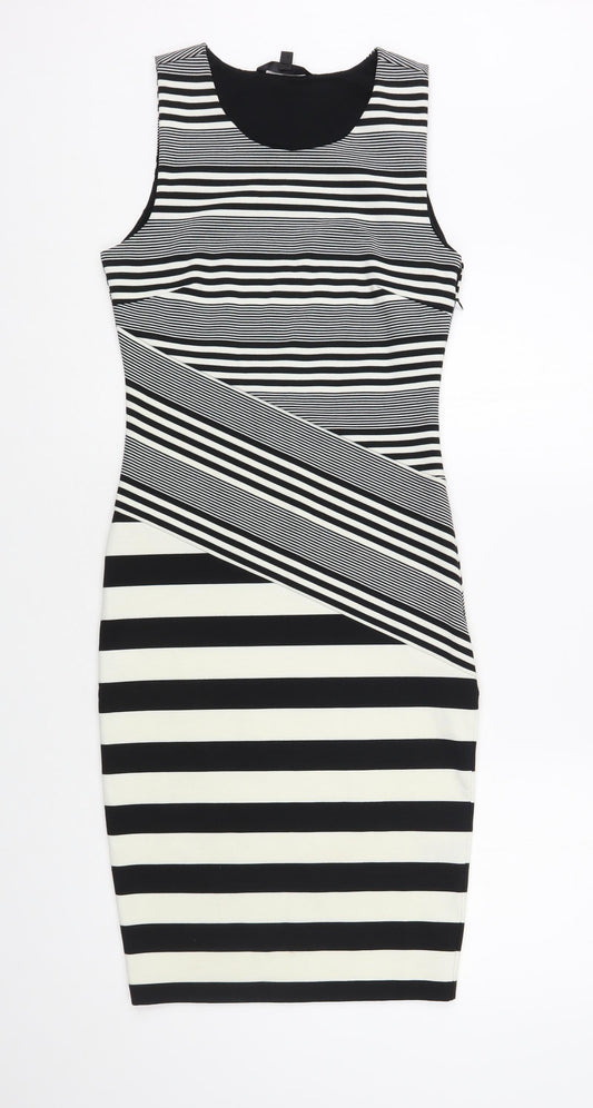 Felicity & Coco Womens Black Striped Polyester Bodycon Size XS Scoop Neck Pullover