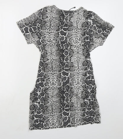 PRETTYLITTLETHING Womens Grey Animal Print Viscose Mini Size 12 Crew Neck Pullover