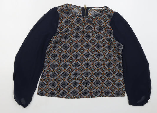 New Look Womens Blue Geometric Polyester Basic Blouse Size 10 Round Neck