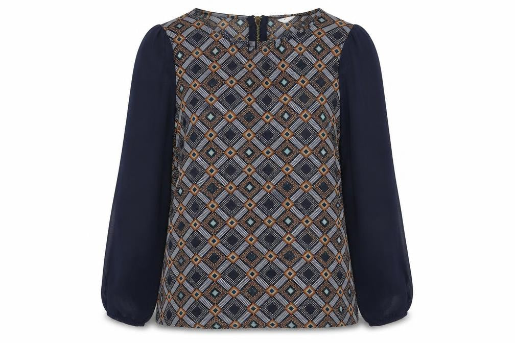 New Look Womens Blue Geometric Polyester Basic Blouse Size 10 Round Neck