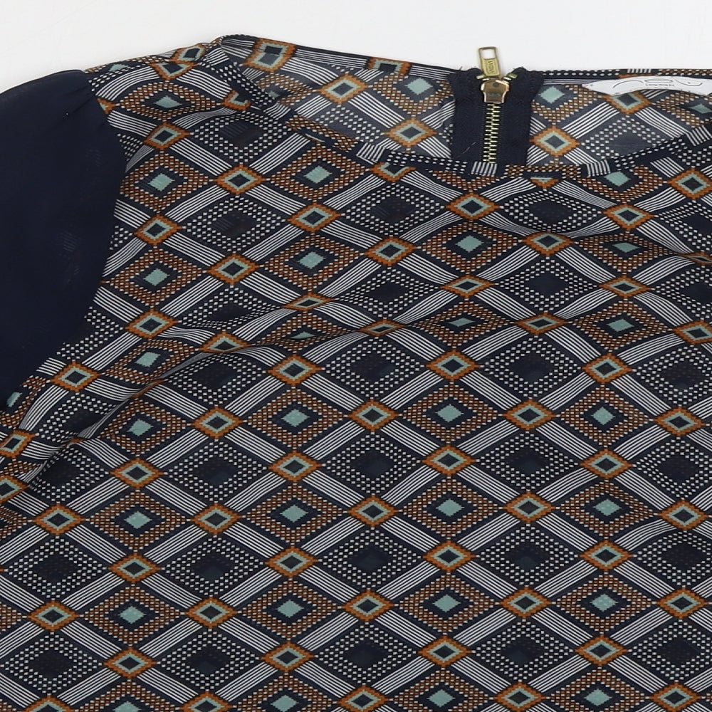 New Look Womens Blue Geometric Polyester Basic Blouse Size 10 Round Neck