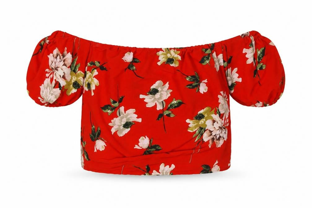 Lipsy London Womens Red Floral Polyester Cropped Blouse Size 10 Off the Shoulder