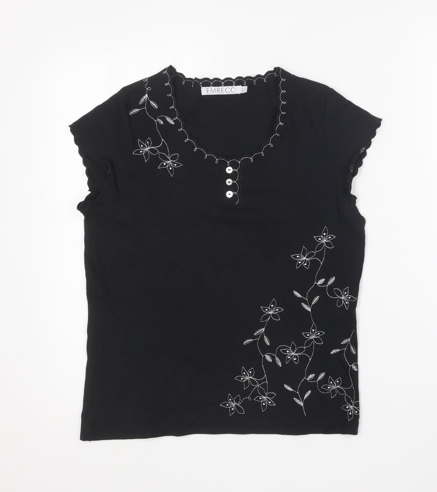 Emreco Womens Black Cotton Basic T-Shirt Size 12 Round Neck