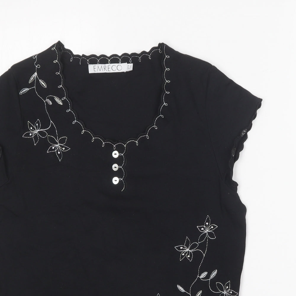 Emreco Womens Black Cotton Basic T-Shirt Size 12 Round Neck