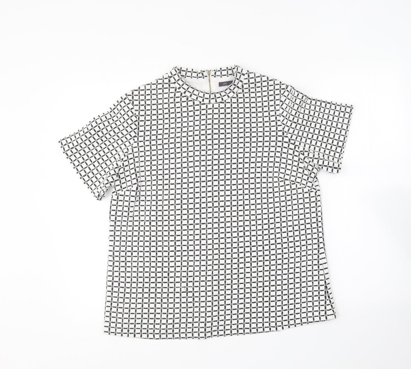 Marks and Spencer Womens Black Geometric Cotton Basic T-Shirt Size 14 Round Neck -