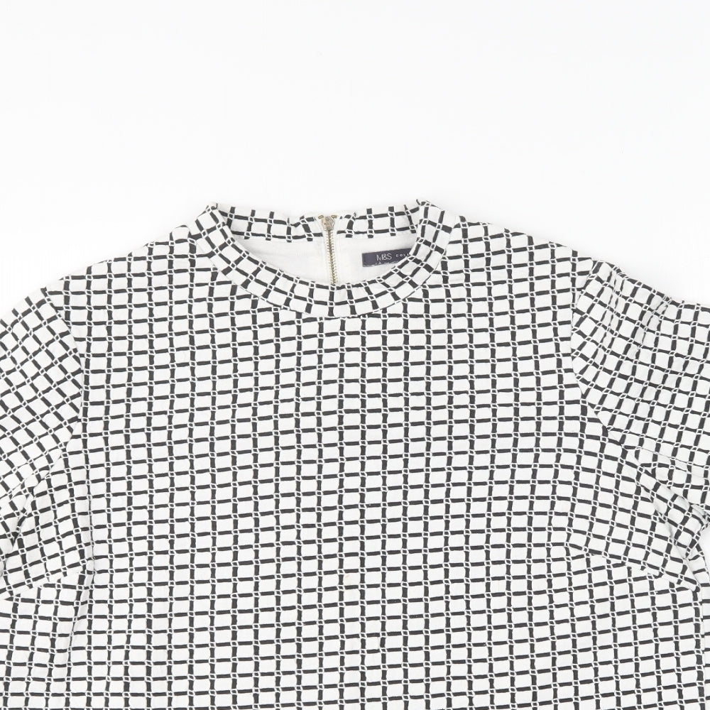 Marks and Spencer Womens Black Geometric Cotton Basic T-Shirt Size 14 Round Neck -