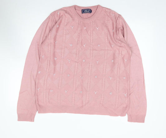 Akal Collection Womens Pink Crew Neck Floral Acrylic Pullover Jumper Size L