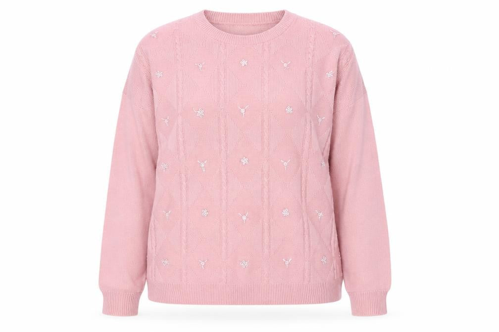 Akal Collection Womens Pink Crew Neck Floral Acrylic Pullover Jumper Size L