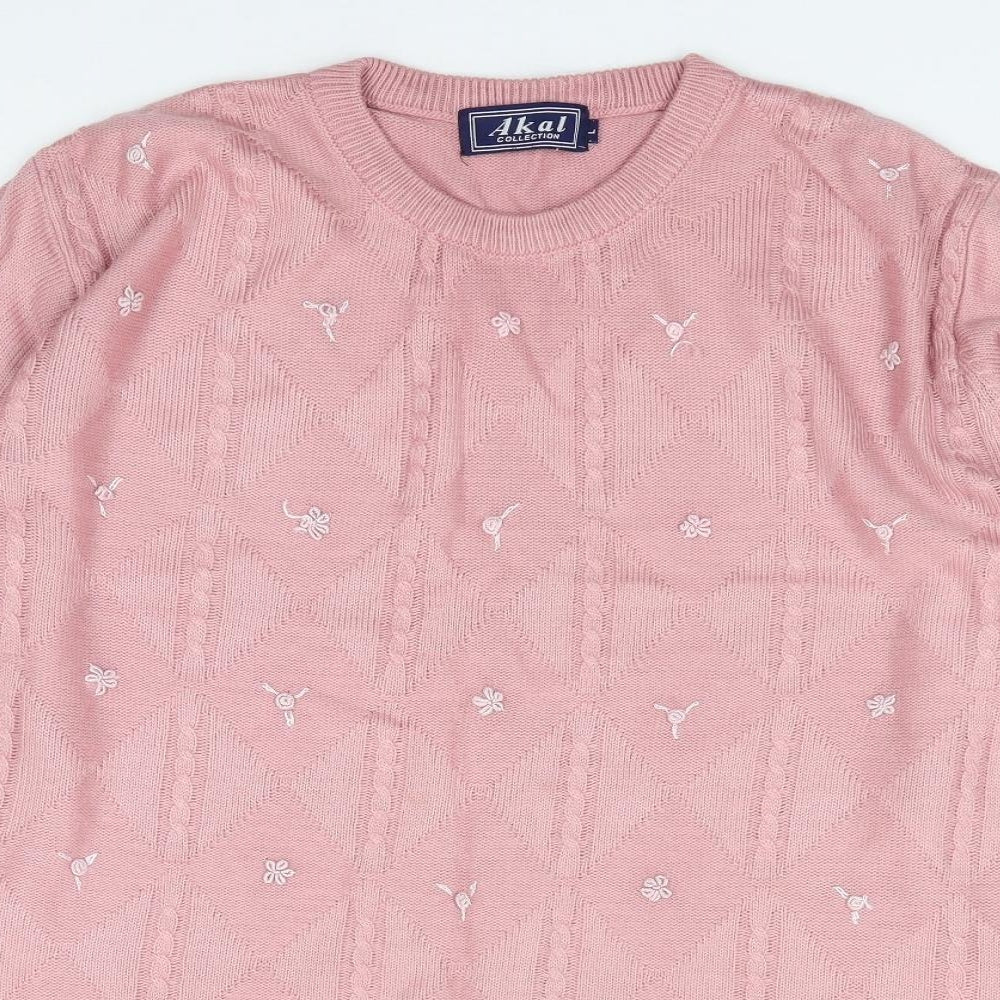 Akal Collection Womens Pink Crew Neck Floral Acrylic Pullover Jumper Size L