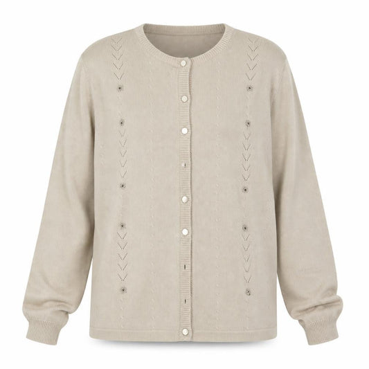 Akal Collection Womens Beige Round Neck Floral Acrylic Cardigan Jumper Size L
