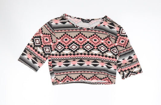 Internationale Womens Multicoloured Geometric Viscose Cropped T-Shirt Size L Round Neck