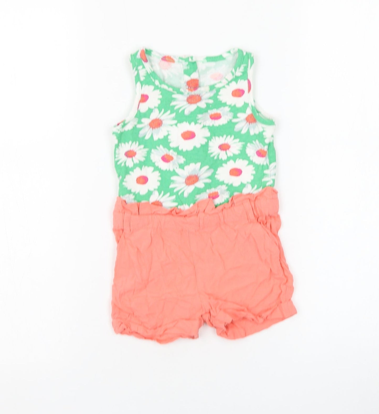 Preworn Girls Green Floral Cotton Romper One-Piece Size 12-18 Months Button