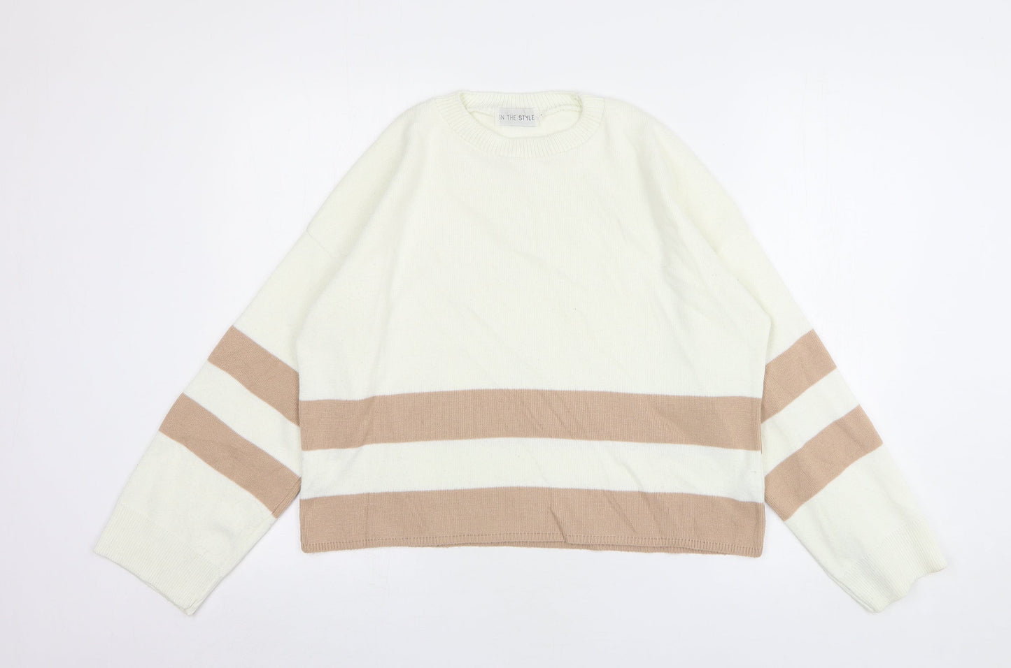 In The Style Womens Beige Round Neck Striped Acrylic Pullover Jumper Size 8