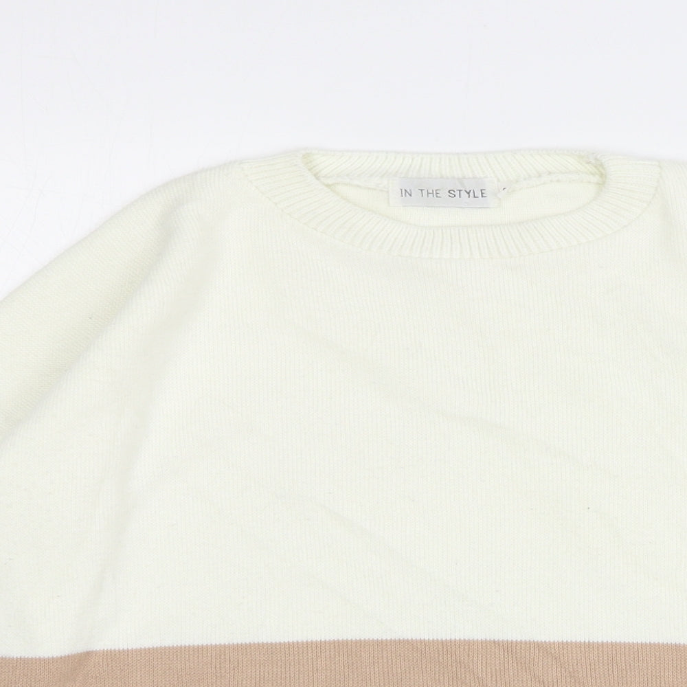 In The Style Womens Beige Round Neck Striped Acrylic Pullover Jumper Size 8