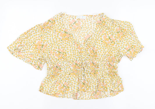 Primark Womens Yellow Floral Viscose Basic Blouse Size 12 V-Neck