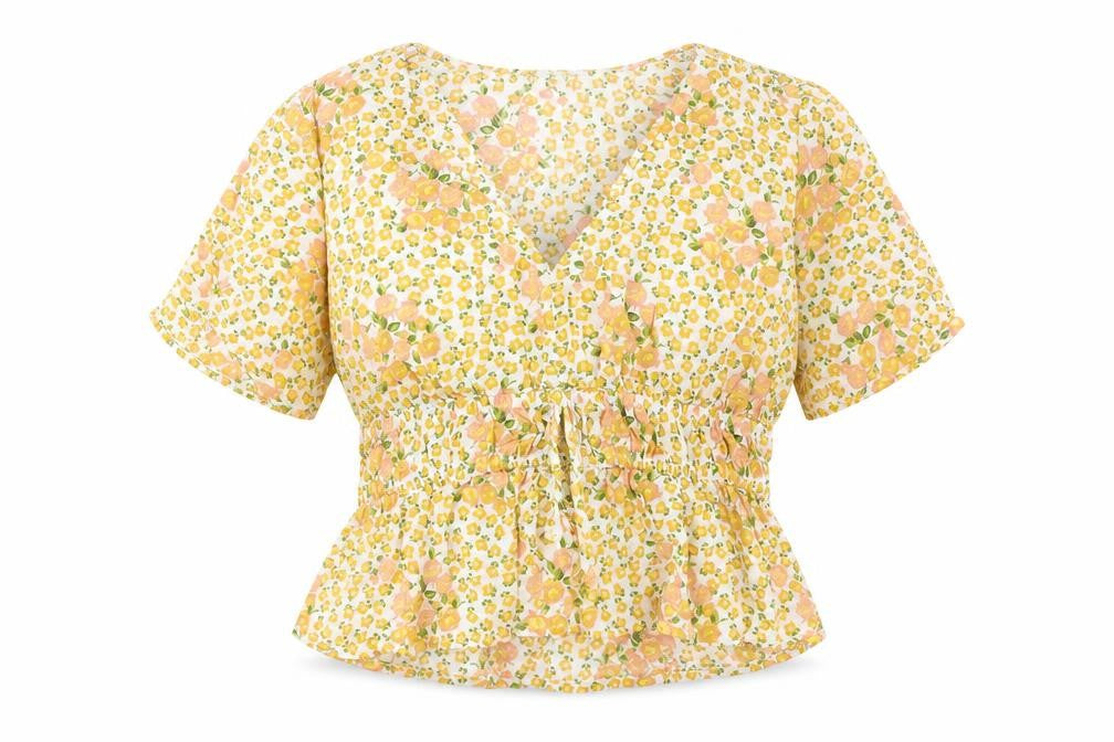 Primark Womens Yellow Floral Viscose Basic Blouse Size 12 V-Neck