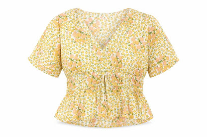 Primark Womens Yellow Floral Viscose Basic Blouse Size 12 V-Neck