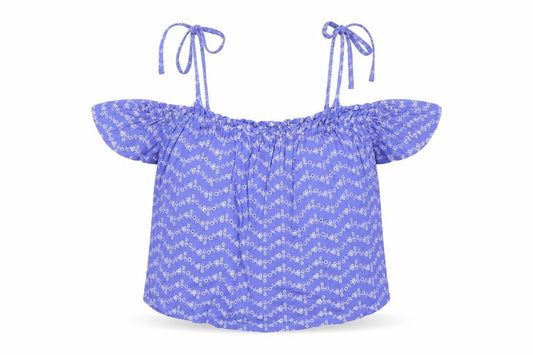 Miss Selfridge Womens Blue Floral Viscose Cropped Blouse Size 10 Off the Shoulder