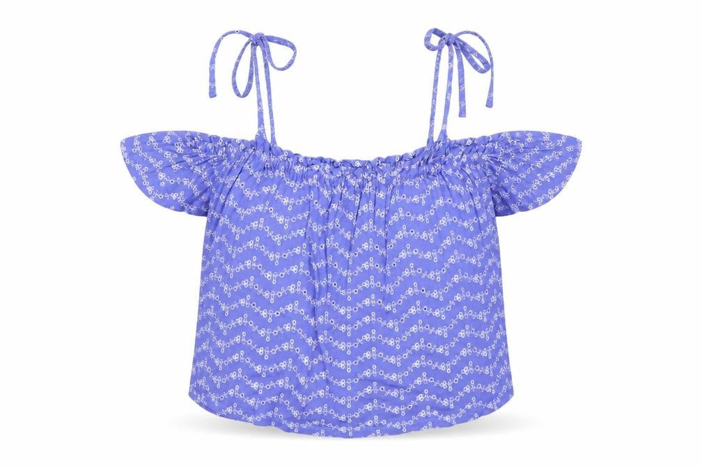Miss Selfridge Womens Blue Floral Viscose Cropped Blouse Size 10 Off the Shoulder