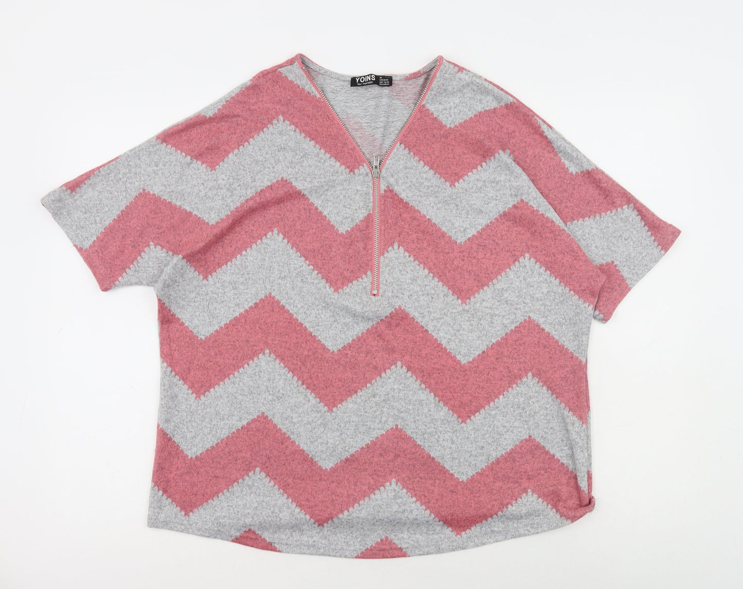 Yonis Womens Pink Striped Polyester Basic T-Shirt Size M V-Neck