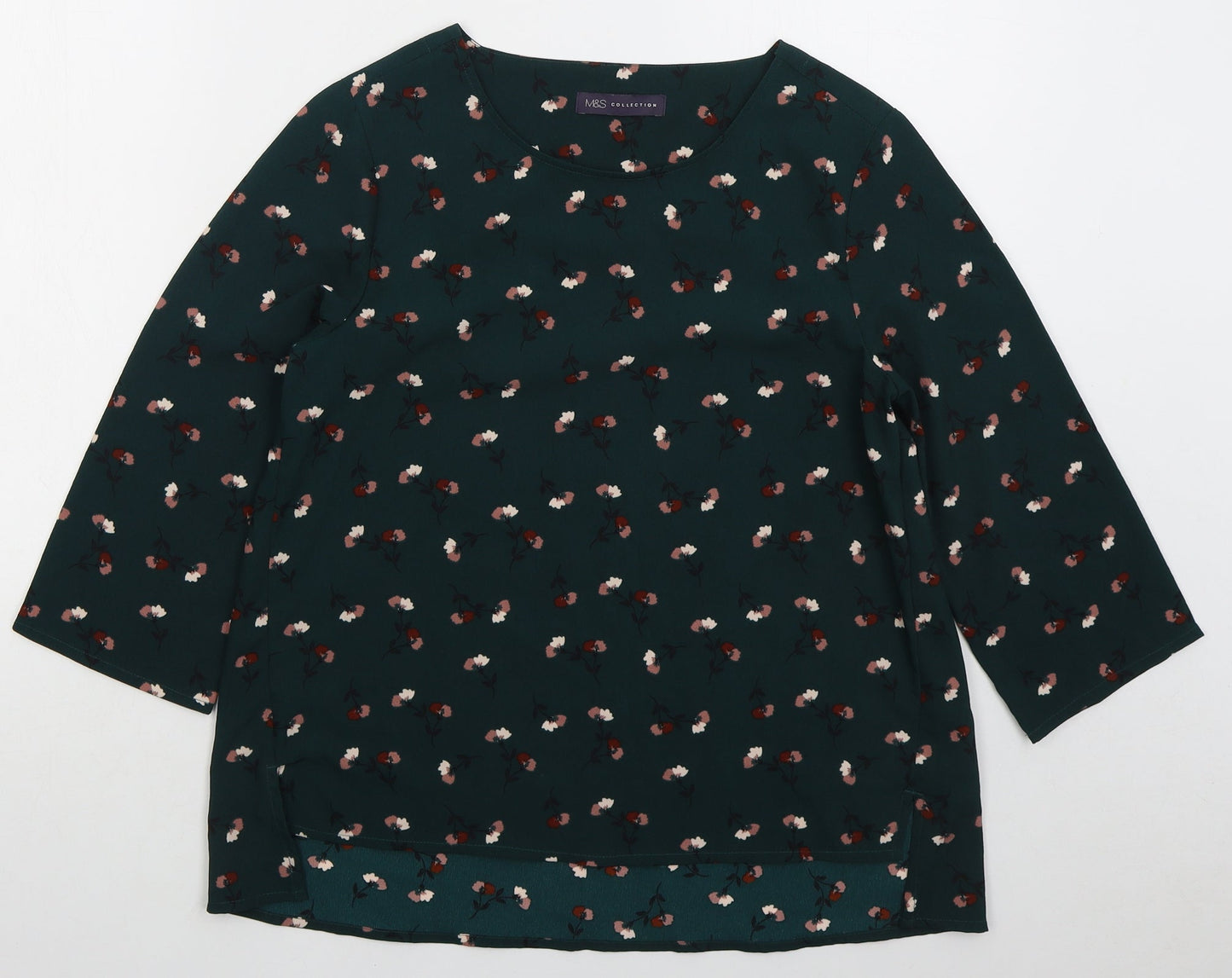 Marks and Spencer Womens Green Floral Polyester Basic Blouse Size 8 Round Neck