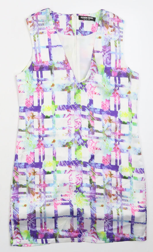 Fashion Union Womens White Check Polyester Mini Size 10 V-Neck Zip