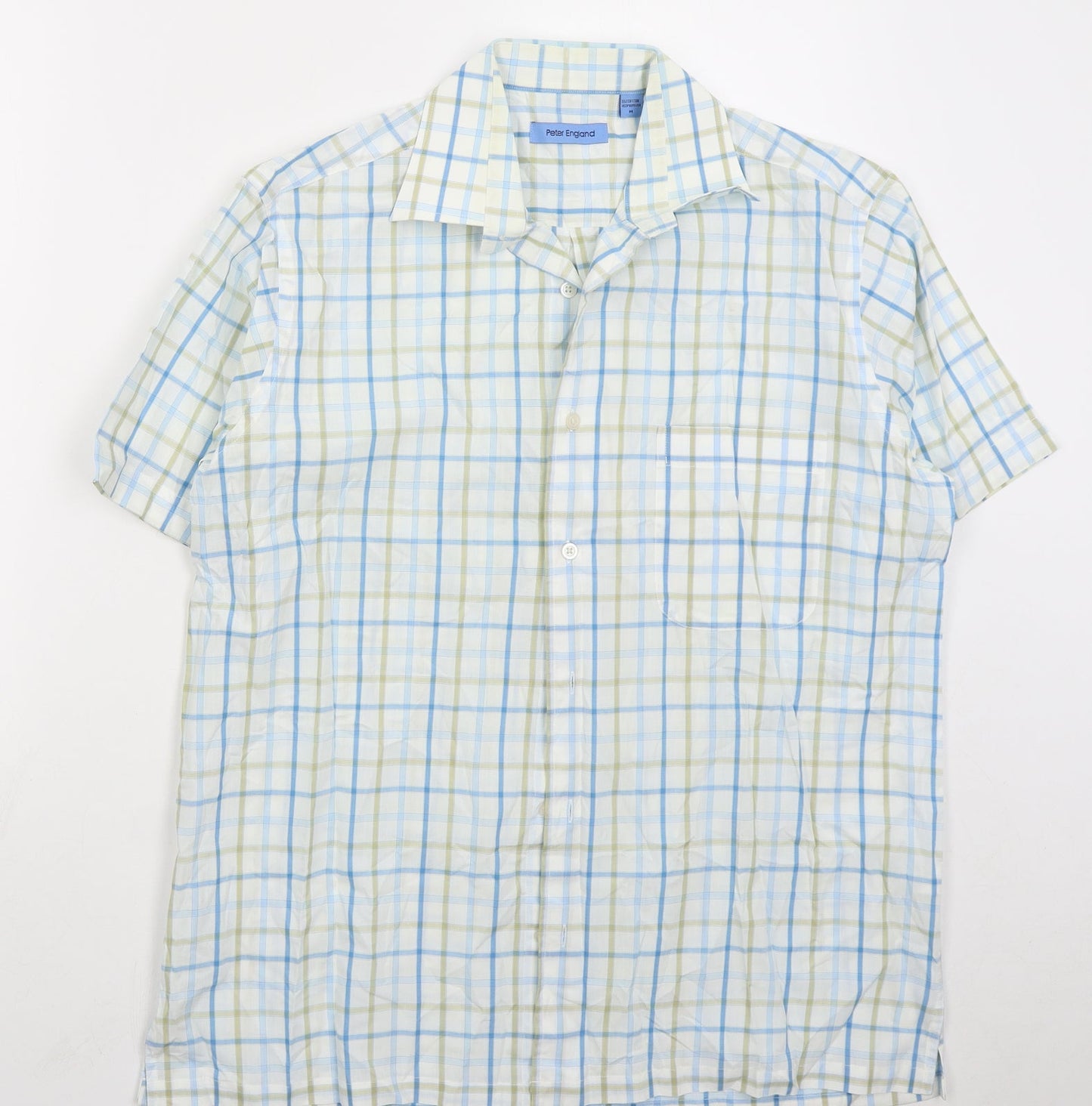 Peter England Mens Blue Check Polyester Button-Up Size M Collared Button