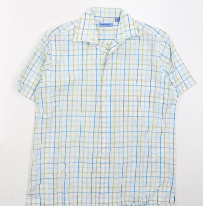 Preloved Peter England Mens Blue Check Polyester Button-Up Size M Collared Button - Front